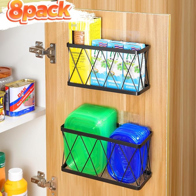 YIGII 8 Pack Inside Cabinet Door Storage, Lid Organizer for Pyrex, Kitchen Bathroom Pantry Storage Organizer Baskets Slim Stainless Steel, Black - Image 2