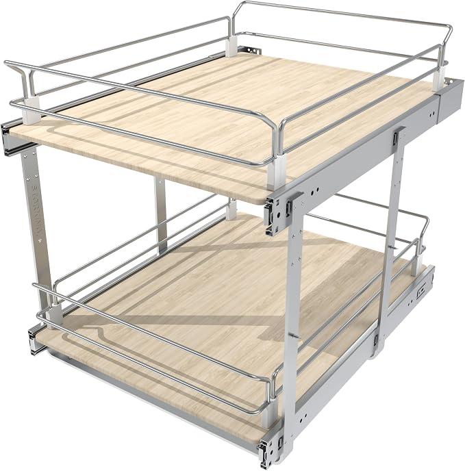 2 Tier Pull Out Cabinet Organizer 14.45" W X 22" D, Wood & Chromed | Full Slide Out Drawers For Kitchen Cabinets, Cabinets Capacity Heavy Duty Caddy, Cabinet Pullout Shelves , Pantry Storage - Image 9