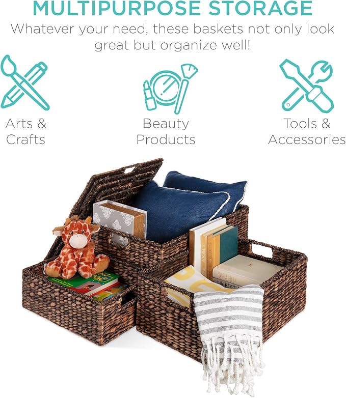 Best Choice Products Set Of 3 X-Large Multipurpose Hyacinth Storage Baskets, Handwoven Rectangular Organizer Totes for Bedroom, Living Room W/Insert Handles, Removable Lid - 21.5", 18", 15" - Brown - Image 5