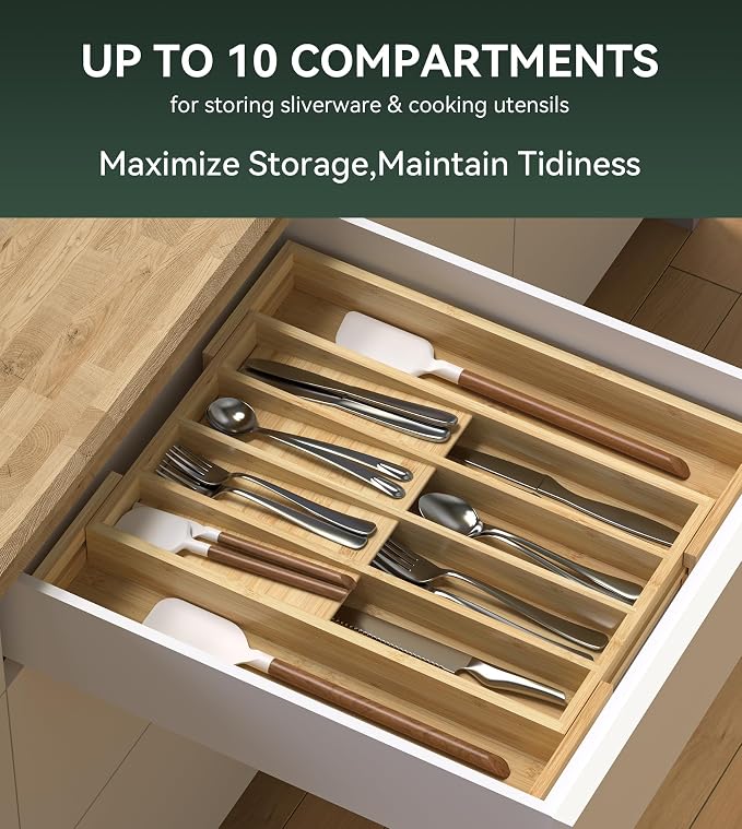 Expandable Silverware Drawer Organizer for Utensil,Bamboo 10 Slot | 10.6”-16" Wx16.7”Dx1.97”H, Vertical Storage, Kitchen Cutlery Tray Dividers for Spoons Forks Knives - Image 3