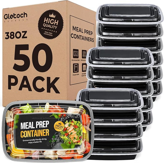 Meal Prep Containers 38oz-50 Pack (100-Piece) Reusable Large Food Storage Containers with Lids Microwave, Freezer, Dishwasher Safe - Leakproof & BPA Free Durable Plastic Bento Box for To Go Take Out by GlotochExpress