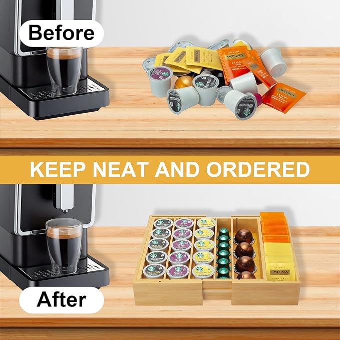 MinBoo Bamboo K Cup Holder for Drawer or Countertop Coffee Pod Holder Expandable K Cup Pod Storage Tea bag organizer K Cup Storage for Coffee Station Home Office and Kitchen - Image 5