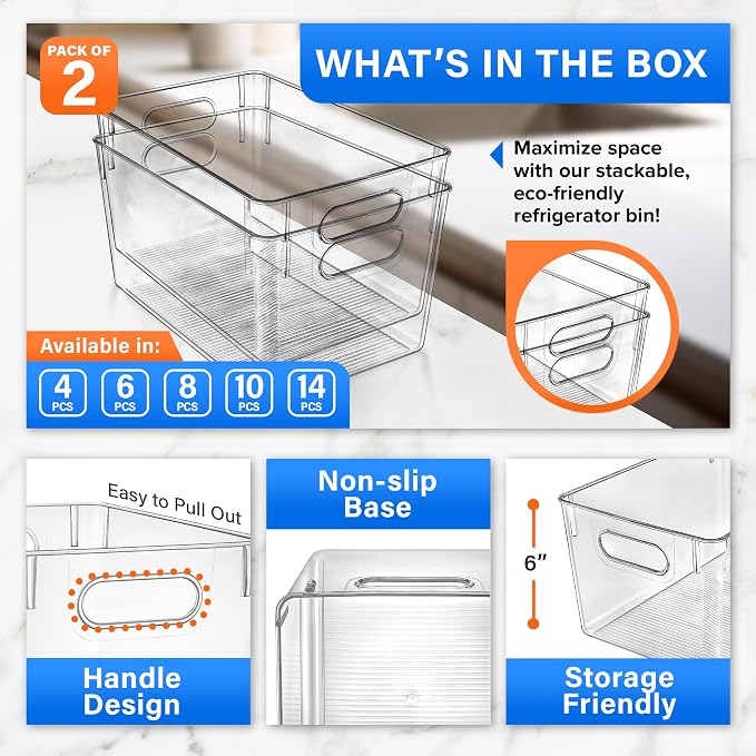 Lifemaster Multi-purpose Refrigerator Bins - 2 pieces Large Capacity Stackable Fridge Bin Organizer with Easy Grip Handles - Clear - Image 3