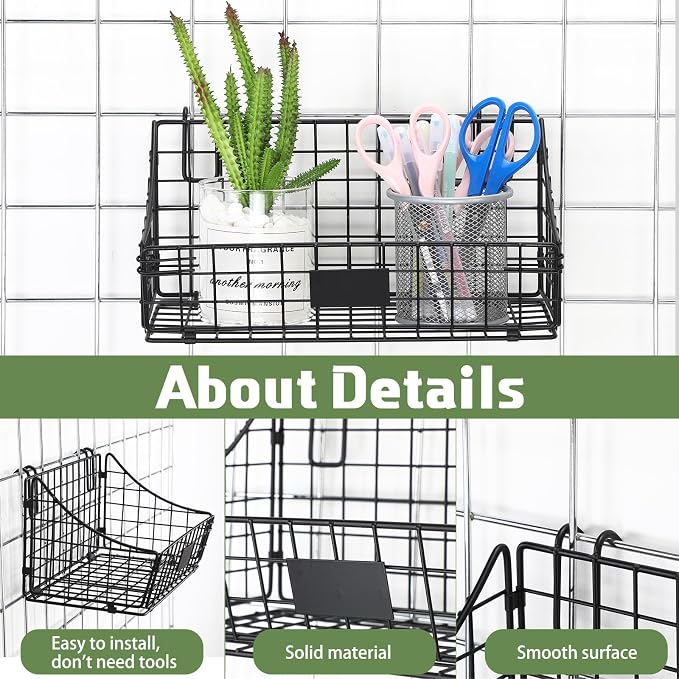 Blulu 4 Pcs Black Grid Wall Baskets, Metal Wire Wall Basket with Hooks Hanging Storage Organization Accessory for Vendor Trade Shows Kitchen Bathroom Pantry Supplies(11 x 6 x 5 Inch) - Image 3