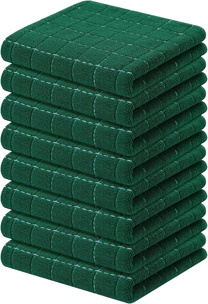 Kitinjoy 100% Cotton Terry Kitchen Towels, 13”x 28”, 8-Pack, Dark Green | Checkered Designed, Ultra Soft Absorbent Quick Drying Dish Towels by Kitinjoy