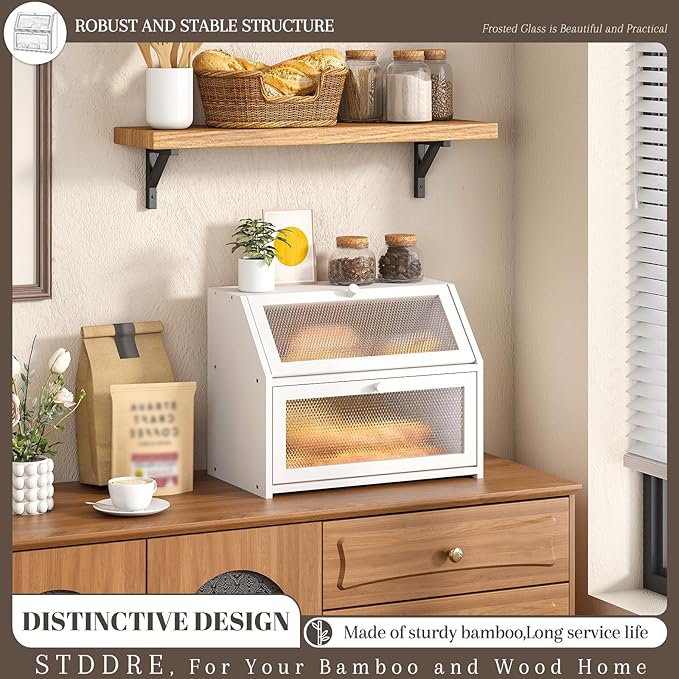 STDDRE Bread Box for Kitchen Countertop Bin Double Layer Bread Box Storage Container Extra Large Capacity Farmhouse with Diamond Pattern Windows (White, Large) - Image 2