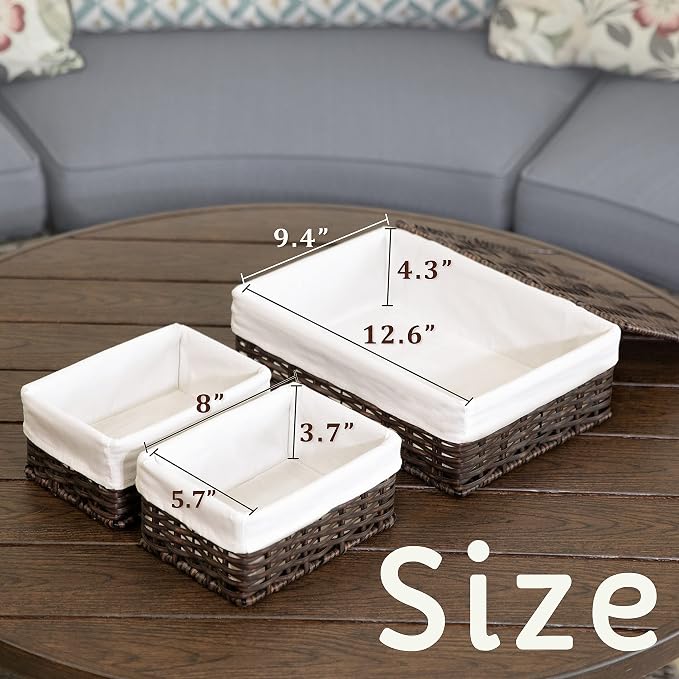 WeeNest Baskets for Organizing, Undershelf Wicker Storage, Hand Woven Organizer for Closet Organization, Rectangular Resin with Lid, Set of 3, Walnut Brown - Image 2