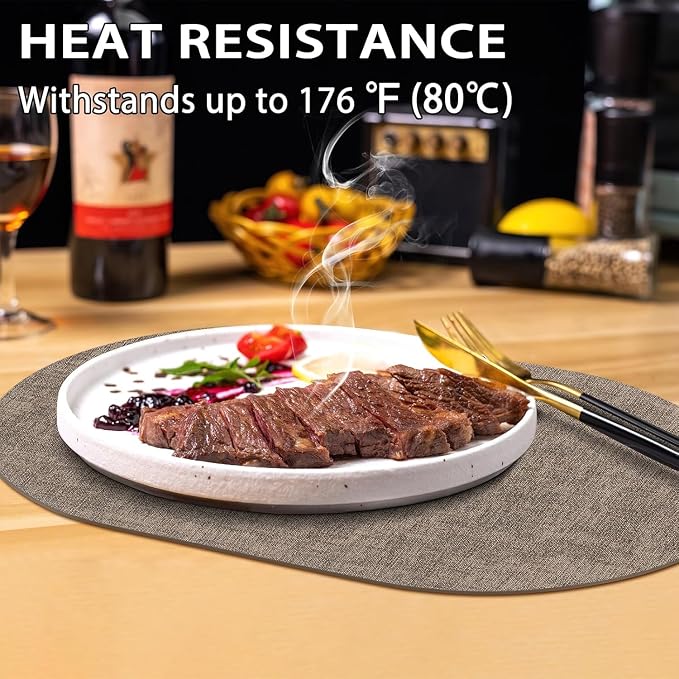 Placemats Set of 12-17" x 11.8" Waterproof & Heat Resistant Oval Place Mats, Wipeable Washable Double Layer Faux Leather Table Mats, Dark Brown - Image 2