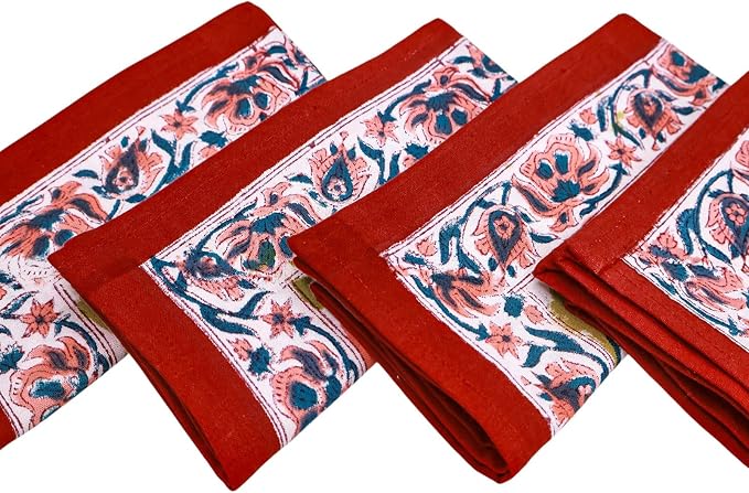 14x14 Inches Cotton Napkins Set of 4, Yellow Red, Washable Hand Block Printed Reusable Cloth Napkins for Dinning, Party, Wedding, Home Decor Fall - Image 5