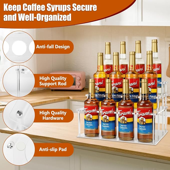 Acrylic 12 Bottle Capacity Coffee Syrup Organizer, 3-Tier Coffee Syrup Rack, Syrup Bottle Holder Stand for Coffee Bar Kitchen Countertop, Family Storage for Syrup Wine Dressing - Image 3