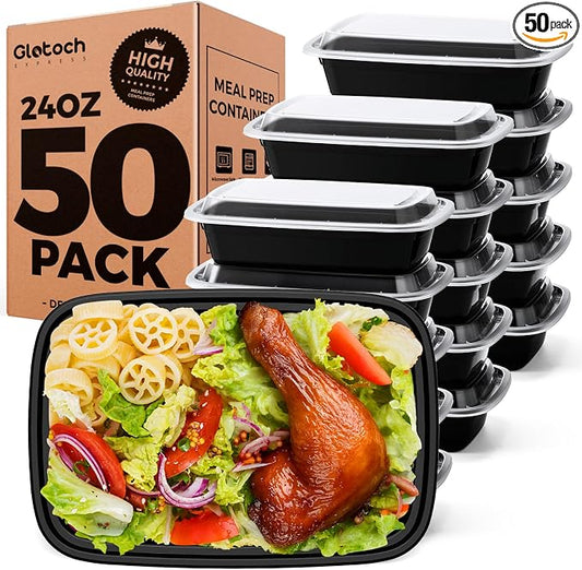 Glotoch Meal Prep Containers with Lids, 24 oz, 50 Pack (100-Piece) | Reusable BPA-Free Food Prep Containers, Leakproof, Durable, Microwave, Freezer and Dishwasher Safe, for Lunch and Meal Prep by GlotochExpress
