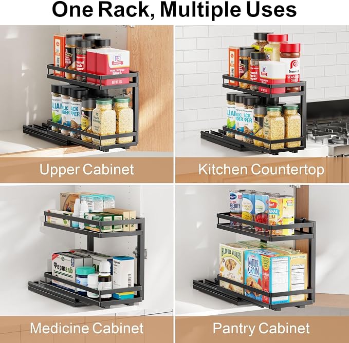 2 Tier Pull Out Spice Rack - for Inside Cabinet with Front Lips | Peel-and-Stick No Drilling Setup, Smooth Slide Access for 1-8 Oz Spice Jars, Cabinet Storage, Daily Cooking Use, Daily - Image 7