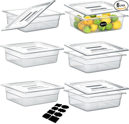 BIEAMA 6 Pack 1/2 Size 4" Deep NSF Polycarbonate Food Pans with Lids | Stackable clear containers for meal prep, buffet, salad bars, commercial & home kitchen; dishwasher safe and freezer safe by BIEAMA