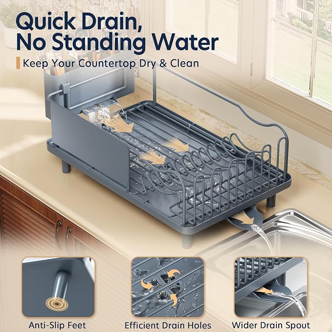 KINGRACK Dish Drying Rack for Kitchen Counter, Dish Drainer with Cup Holder | 16.9"L x 12.4" W Dish Rack with Spacious Drying Capacity, Quick Auto Dish Drainer for Plate Dish Dinnerware, Blue - Image 4