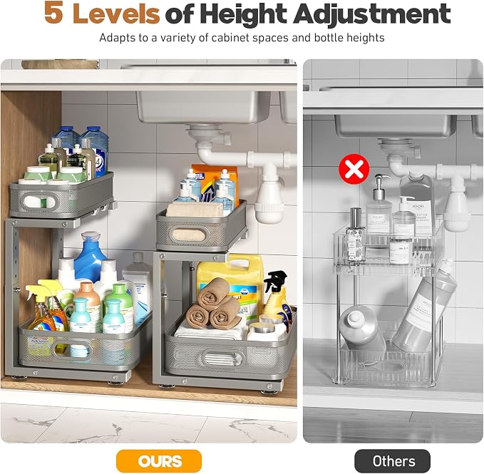 2 Pack 15.7IN-Depth Under Sink Organizer With Smooth Cylindrical Rail,2-Tier Pull Out Multi-Purpose Cabinet Storage for Bathroom&Kitchen,Height Adjustable,Rust-resistant Coating-Gun Gray - Image 8