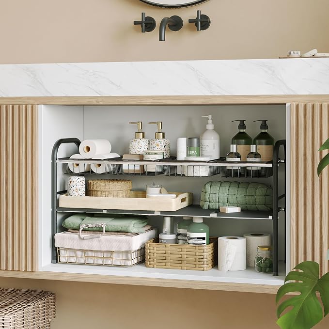 Under Sink Organizers and Storage,Expandable under cabinet organizer Shelf | 2 tier expandable shelf for kitchen,bathroom,4 Removable ABS Panels and 4 Baskets,Adjustable partition height,20.7-32.3" W - Image 6
