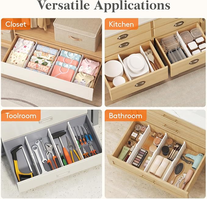 Lifewit 6" Tall Drawer Dividers, Adjustable Deep Drawer Organizer Clothes | 12 Pack 11.5"-18.5" Expandable White Plastic Separators for Dresser, Kitchen, Cabinet, Closet, Office Organization & Storage - Image 7