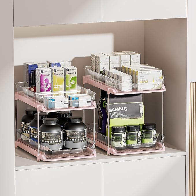 Delamu 2-Tier Multi-Purpose Bathroom Under Sink Organizers and Storage, Stackable Kitchen Pantry Organization, Pull Out Medicine Cabinet Organizer with Movable Dividers, Pink, 2 Pack - Image 4