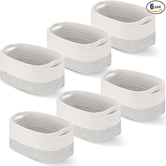 Sawysine 6 Pcs Storage Baskets Bulk for Organizing Cotton Rope Woven Basket with Handles for Gift Cloth Shelves Blanket Toys Living Room(White Grey) by Sawysine
