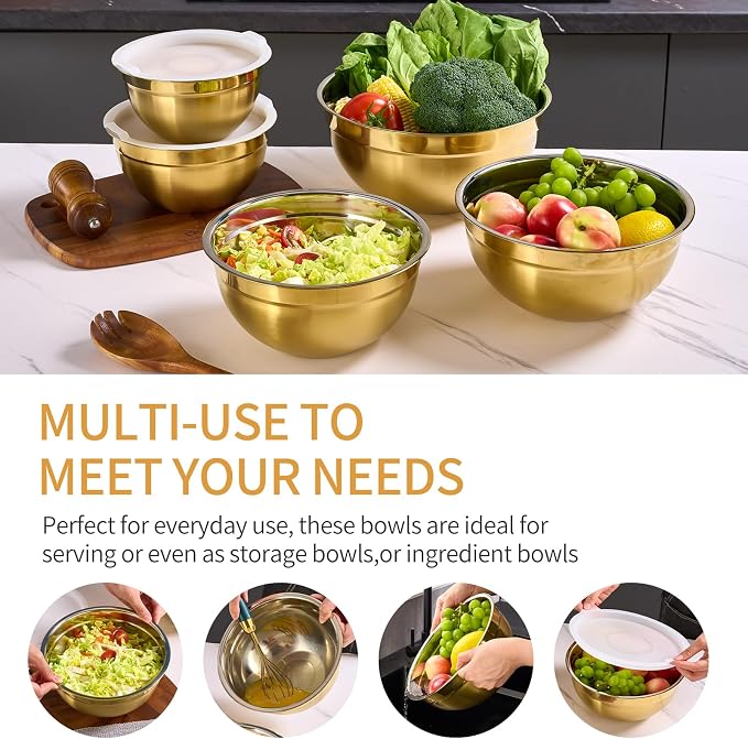 Gold Mixing Bowls with Airtight Lids, Stainless Steel Nesting Mixing Bowls Set of 5, Ideal for Baking, Prepping and Serving Food, Size 5.5, 3.6, 2.7, 2.1, 1.5, QT, Stackable Design - Image 5