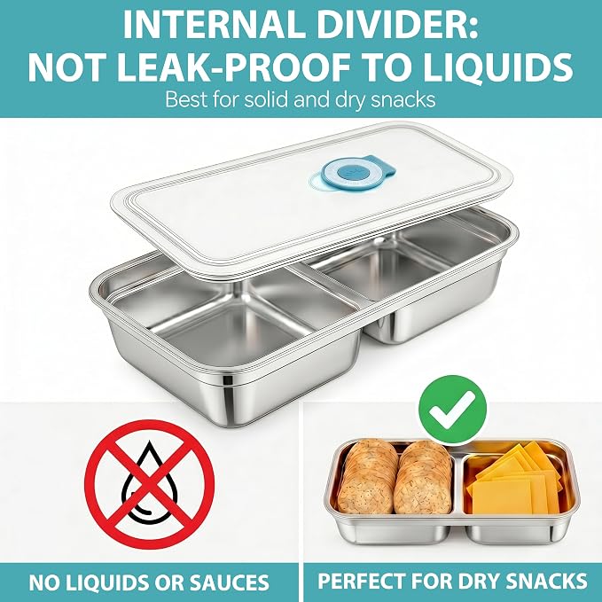 2Pcs 304 Stainless Steel Snack Containers, 2 Compartments Portable Food Storage Bento Boxes with Lids, Divided Meal Prep Lunch Box Food Container Dishwasher Safe - Image 6