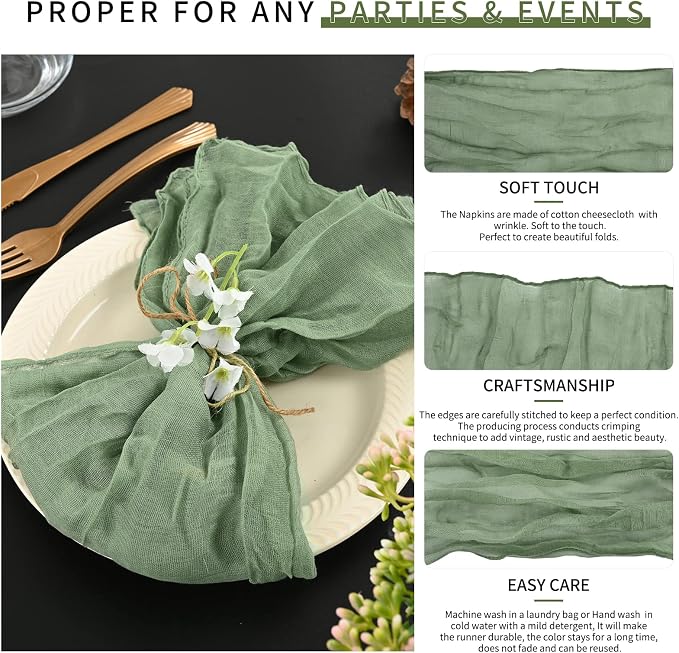 84 Pack Sage Green Cheese Cloth Napkins Gauze Napkin Cloth Bulk Set of 84 Washable Boho Dinner Table Napkins for Wedding Party Baby Shower Birthday Party Decorations，20 x 20 Inch - Image 3