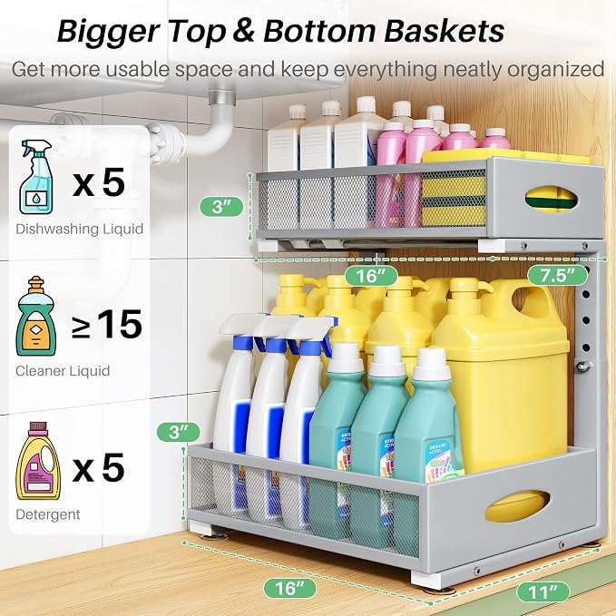 Under Sink Organizer, 2-Pack Pull Out Cabinet Organizer 2 Tier Metal Slide Out Storage Shelf Rack, L-Shaped Adjustable Height,Mesh Sliding Drawer for Kitchen, Bathroom, Laundry, Pantry, Grey, XL - Image 3