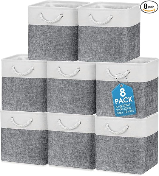 meekoo 8 Pack Collapsible Storage Bins Fabric Storage Bins Polyester Fabric Baskets with Handles Linen Closet Organizer for Shelf Home Closet Towels Toys(12 x 12 x 12 in,Gray White) by meekoo