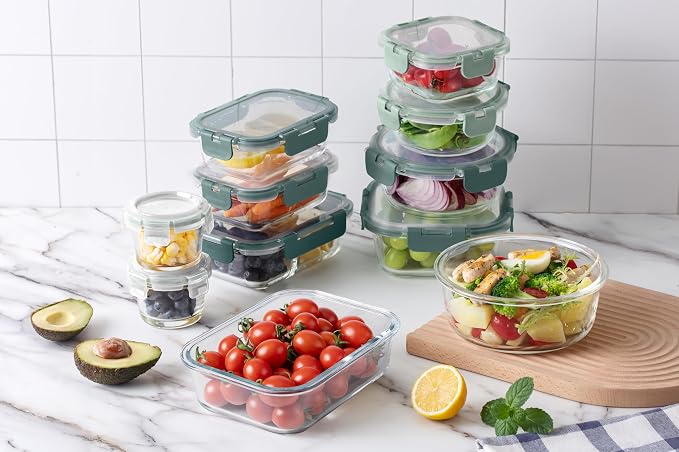 COOK WITH COLOR Premium 32-Pc. Borosilicate Glass Food Container Set with Dividers - 4 Rectangles, 8 Rounds, 4 Squares - Leakproof Lids - Meal Prep, Storage, Ombre Green - Image 2