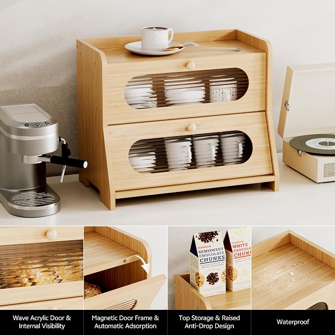 Bread Box,Extra Large 2-Tier Bamboo Bread Box for Kitchen Countertop,Bread Storage Container with Magnetic Acrylic Door for Homemade Bread,Under Cabinet,Pantry Organizer(Natural) - Image 6