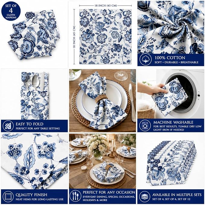 Premium Cotton Cloth Napkins Set of 4, 18x18 Inch Reusable Dinner Napkins, Soft Washable Oversized Fabric Napkins for Dining Table, Weddings, Parties & Everyday Use, Blue Floral - Image 6