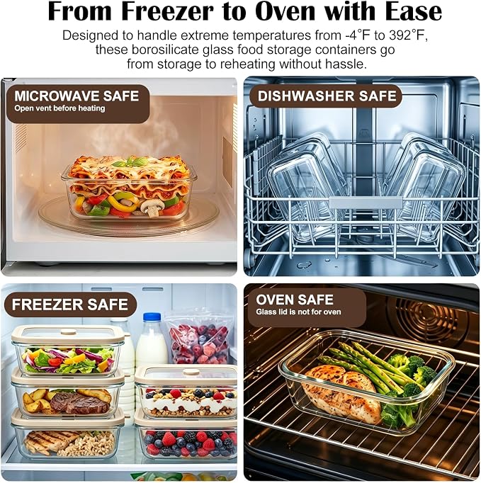 21 oz Glass Meal Prep Containers with Glass Lids, 6 Pack | Airtight Glass Glass Food Storage Containers, Non Toxic Glass Lunch Containers for Leftovers, Microwave, Oven, Freezer - Image 6