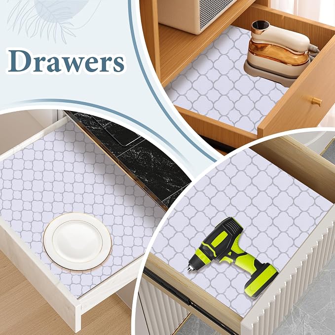 Shelf Drawer Liners for Kitchen Cabinets 12 in X 10 Ft Drawer Liner | Non Adhesive Thickened Refrigerator Liner Silver Quatrefoil Strong Non-Slip Paper for Tool Box with Knife and Tape Measure - Image 4