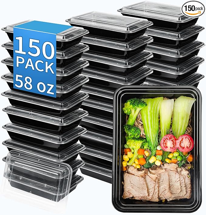 58oz Meal Prep Containers,150 Sets Disposable Food Storage Boxes with Lids | Heavy Duty, Single Compartment, Leakproof Lids, BPA Free, Microwave Freezer Safe, Plastic To Go Bento Boxes for Lunch Takeout by Apsic