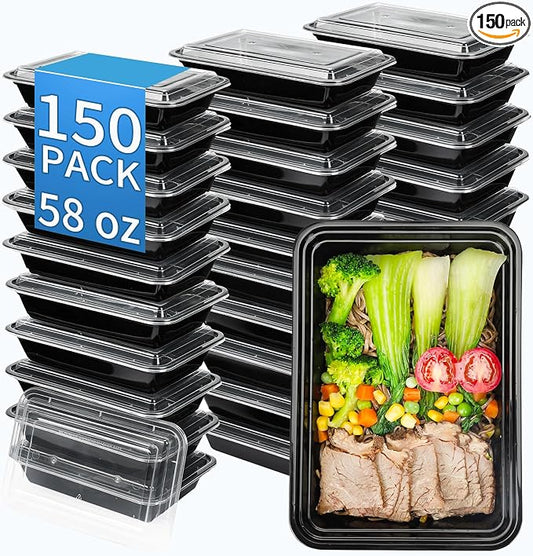 58oz Meal Prep Containers,150 Sets Disposable Food Storage Boxes with Lids | Heavy Duty, Single Compartment, Leakproof Lids, BPA Free, Microwave Freezer Safe, Plastic To Go Bento Boxes for Lunch Takeout by Apsic