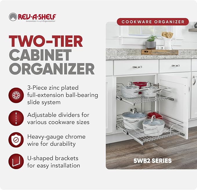 Rev-A-Shelf 2-Tier Pullout Shelf and Drawer Organizer for Kitchen Cabinets, Slide Out Storage Basket, Min Opening Width of 20.5", 21" x 22", 5WB2-2122CR-1 - Image 5
