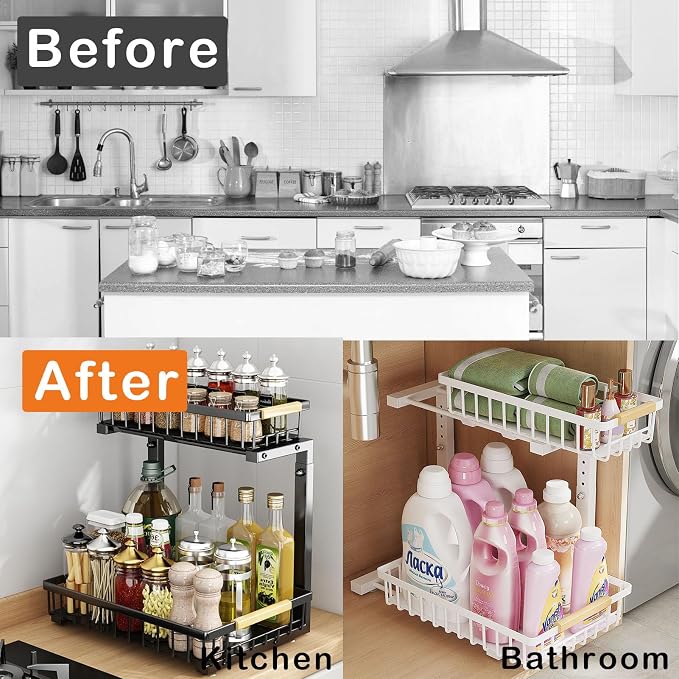 2 Pack Under Sink Organizer Cabinet for Kitchen Bathroom, 2 Tier Metal Slide Out Under Sink Drawers, Adjustable Height, Under Sink Pull Out Organizers and Storage, Black, 13.7" H-17 H - Image 4