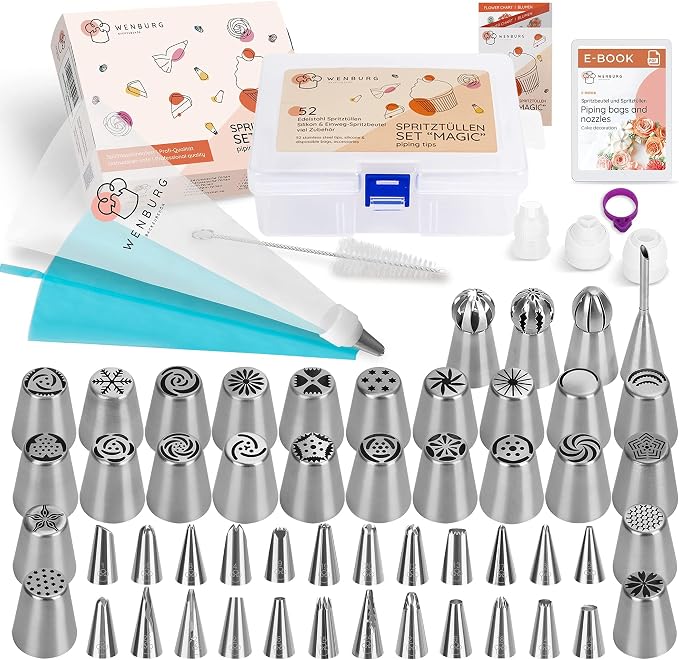 Wenburg Russian Piping Tips Set 100pcs - Icing Tips for Cake decorating and Cupcake Decorating Kit - 52 Tips - Flower Piping Tips, Large Ball Icing and Small Numbered Frosting Tips, Filling Nozzle by Wenburg