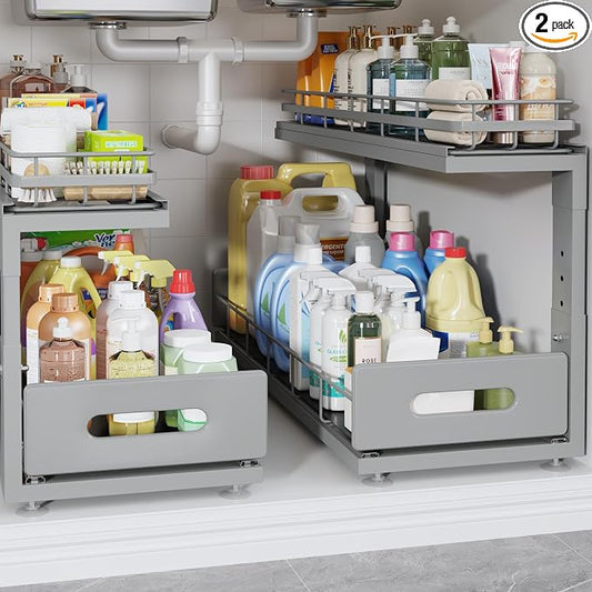 Under Sink Organizer Upgrade To Professional Rails,2-Tier Dual Pull Out Cabinet Storage,Height Adjustable Slide Out Drawers For Bathroom Kitchen,2 Pack-21"Dx12.8"-16.9"H,Gun Gray by UnderSinkOrganizer