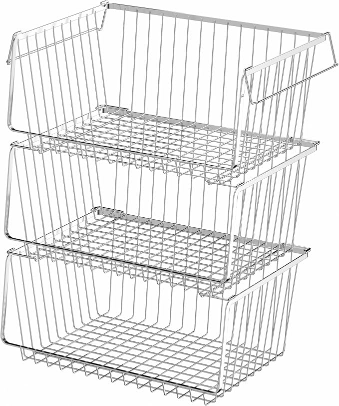 Wire Storage Basket Stackable Organizer Storage Baskets Bins Sturdy Metal Organization with Handles for Pantry, Kitchen, Closets, Bathroom, Cabinets, Kitchen, Set of 3 by blitzlabs