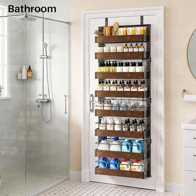 SNTD 8 Tiers Wooden Over Door Organizer, 17" W x 6" D x 69" H, Rustic Brown | Pantry Door Organizers and Storage, Height Adjustable Spice Rack, Dense Mesh Baskets, Anti-Swing, Adjustable Door Fastener - Image 9
