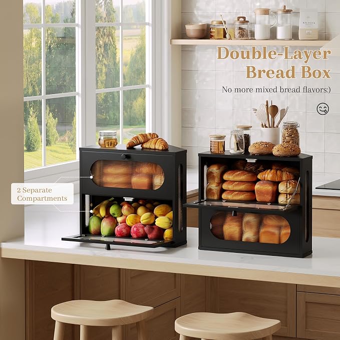 Corner Bread Box for Kitchen Countertop, 2026 New Double Layer Bamboo Bread Storage Bin, Large Bread Container for homemade bread (Black) - Image 4