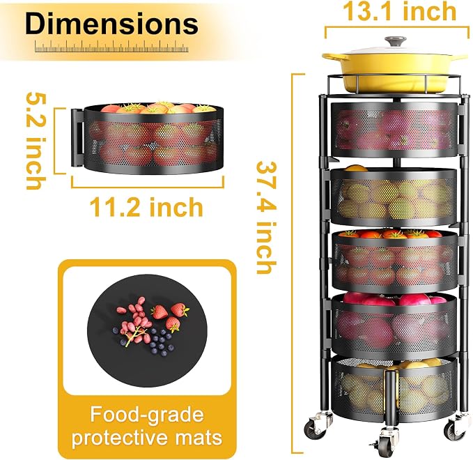 SNTD Fruit and Vegetable Basket Bowls for Kitchen with Metal Top Lid, 5 Tier Rotating Storage Rack Cart for Potato Onion Bread Banana, Wire Basket Organizer on Wheels, Large, Black - Image 2