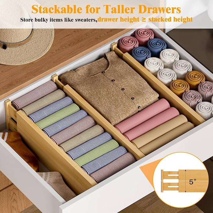 Bamboo Drawer Dividers, 12-21 Inch Kitchen Adjustable Drawer Organizers | Expandable Dresser Separators for Clothes, Ideal for Kitchen, Bathroom, Vanity, Office Organization and Storage, 8-Pack - Image 6