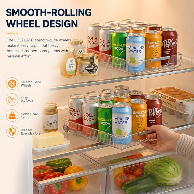 2 Pack Profile Fridge Organizer Bins with Wheels, 2.3'' Low Clear PET Roll Out Refrigerator Trays with 4 Dividers for Soda Cans, Drinks, Snacks and Pantry - Image 5