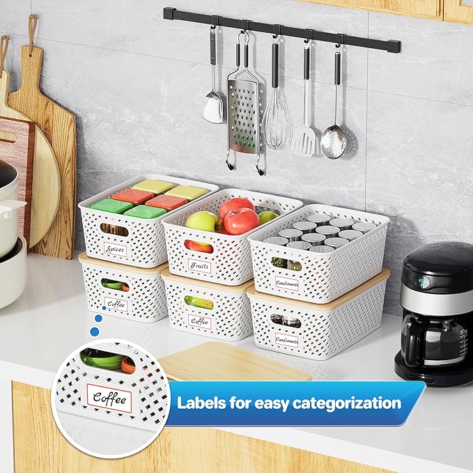 Anysig 8 Pack Plastic Storage Bins with Bamboo Lids, 5.2 QT Stackable Bins | Decorative Small Storage Basket Containers for Organizing Shelves Office Classroom Desktop Closet, Cream White - Image 5