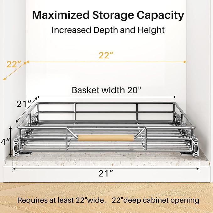 Pull out Cabinet Organizer, 21"W X 21"D, Heavy Duty Smooth Sliding Under Cabinet Shelves for Pots and Pans, Full-Extension Roll out Drawers, Slide out Organization for Home Kitchen Pantry - Image 3