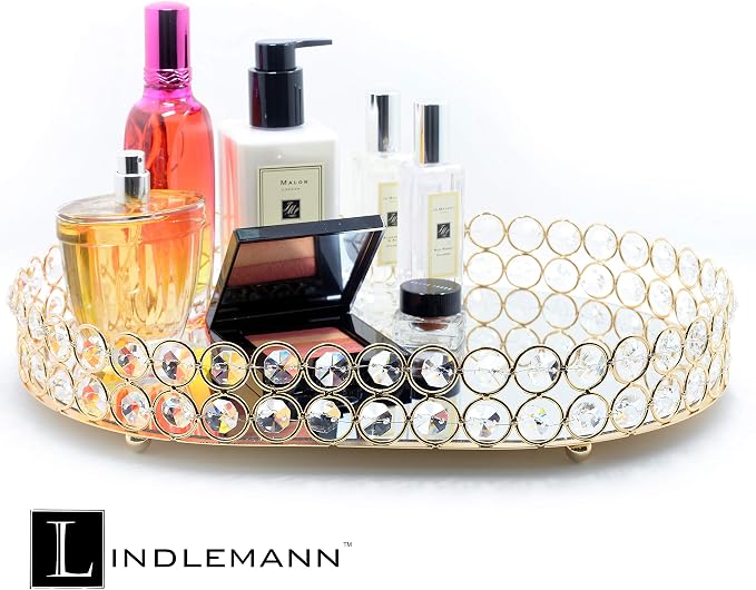 Crystal Vanity Tray Decorative Mirrored Dresser Perfume Trays for Makeup Cosmetic Storage Jewelry Trinket Storage Organizer for Bathroom Countertop Home Décor (Oval, 14x10in, Gold) - Image 3