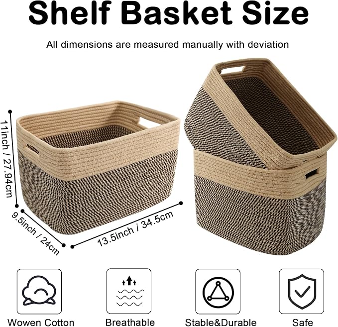 3 Pack Woven Baskets,Storage Baskets for Shelves with Handles | 13.5"×11"×9.5", Closet Baskets, Nursery Organizer for Toys Towels Books, Storage Bin for Living Room Bedroom (Jute & Black) - Image 2