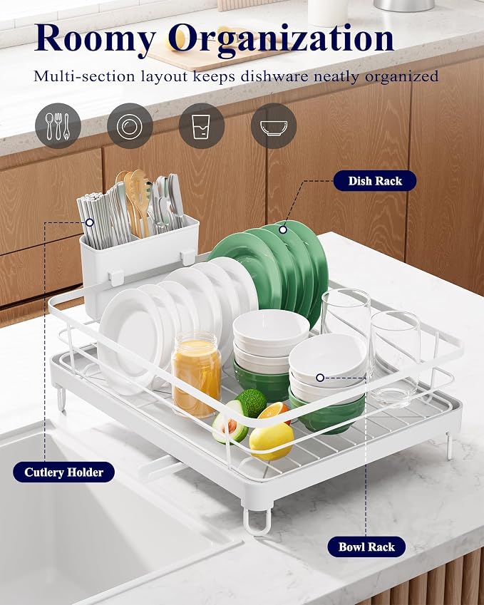 Kitsure Dish Drying Rack for Kitchen Counter, 12.7''W x 16.7''L, White | Stainless Steel Sink Organization, Cutlery Holder, Home and Appartment Decor - Image 2